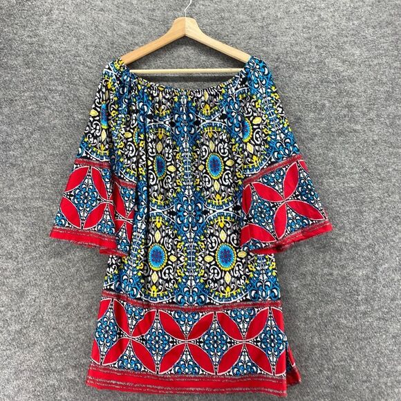 5/$45 Lapogee Dress Women M Medium Blue Geometric Shift Short 3/4 Sleeve - Picture 3 of 9